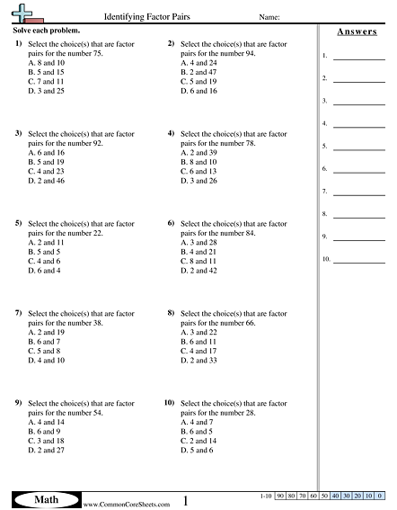 4.oa.4 Worksheets - Identifying Factor Pairs worksheet